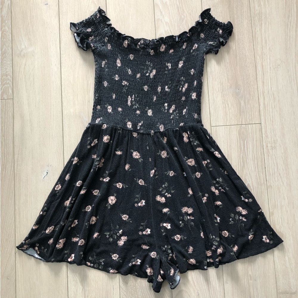 Garage Floral Gathered Romper in Black & Pink